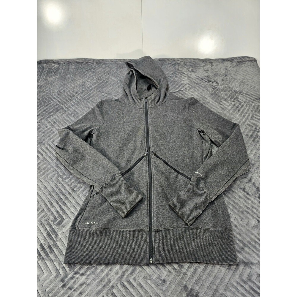 NIKE Dri-Fit Gray SWOOSH LOGO Pockets FULL-ZIP Hooded JACKET Sz XL